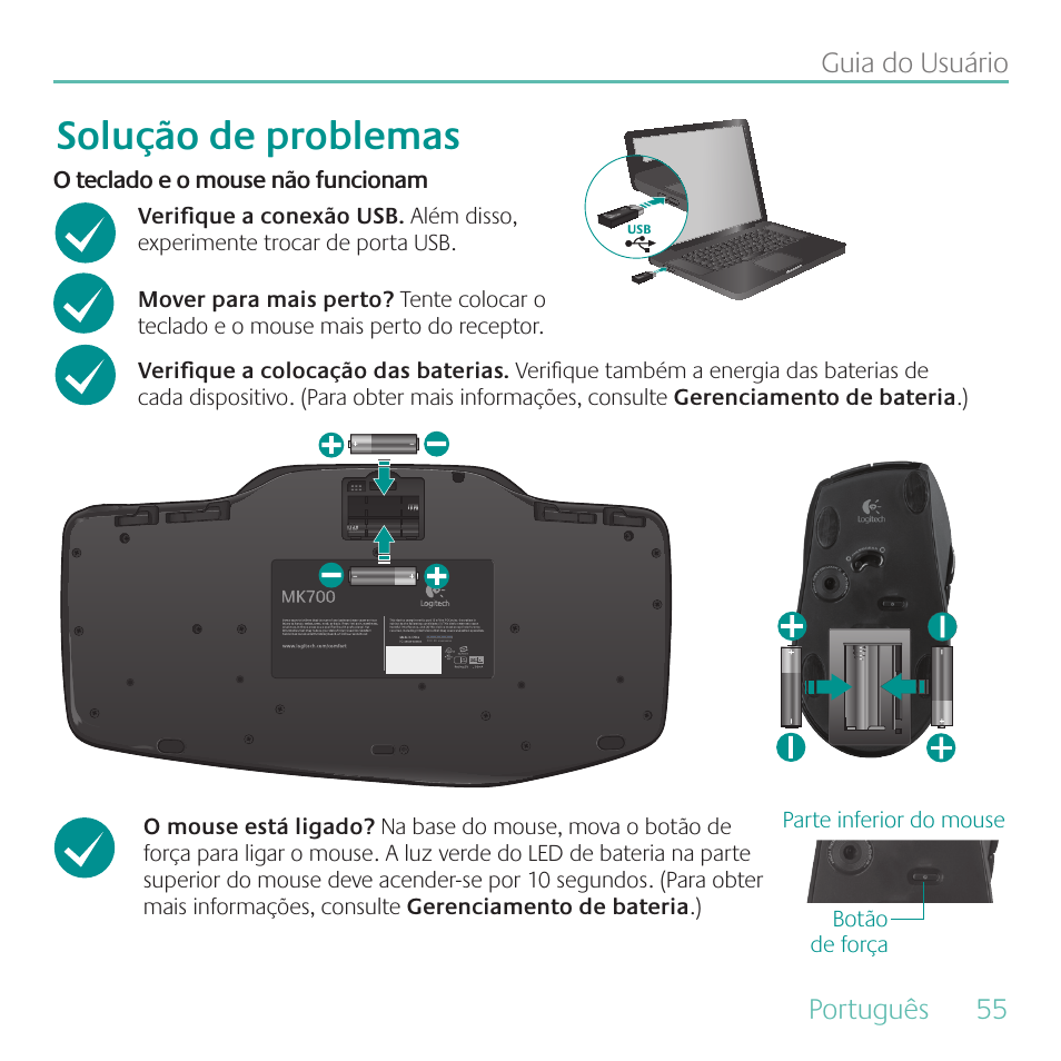 Solução de problemas, Português, 55 guia do usuário | Logitech MK700 User Manual | Page 55 / 60