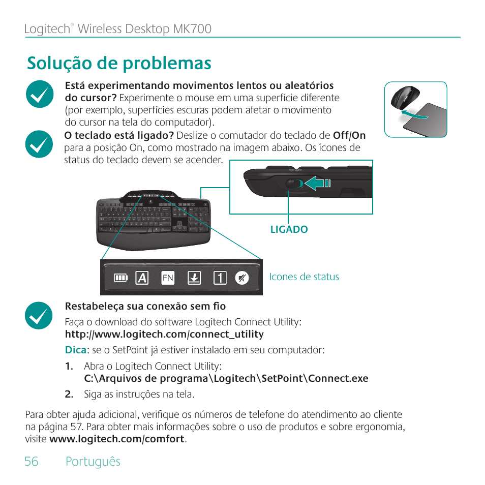 Solução de problemas | Logitech MK700 User Manual | Page 56 / 60