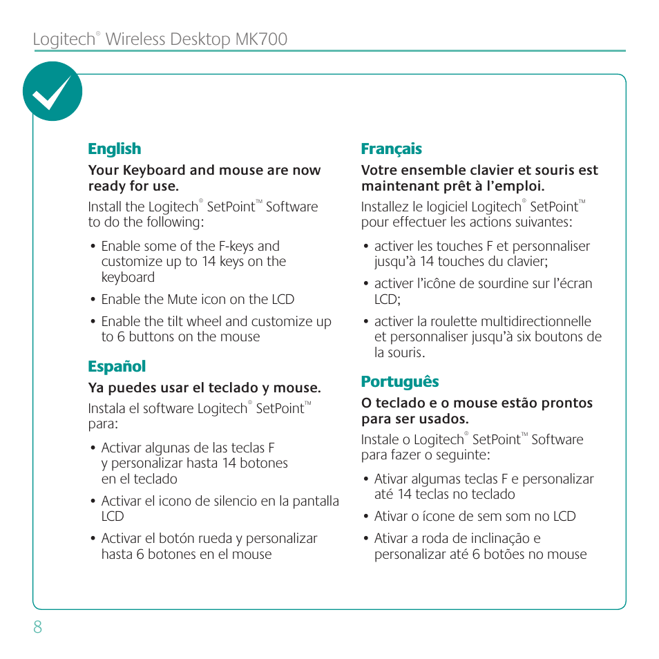 8logitech, Wireless desktop mk700 | Logitech MK700 User Manual | Page 8 / 60