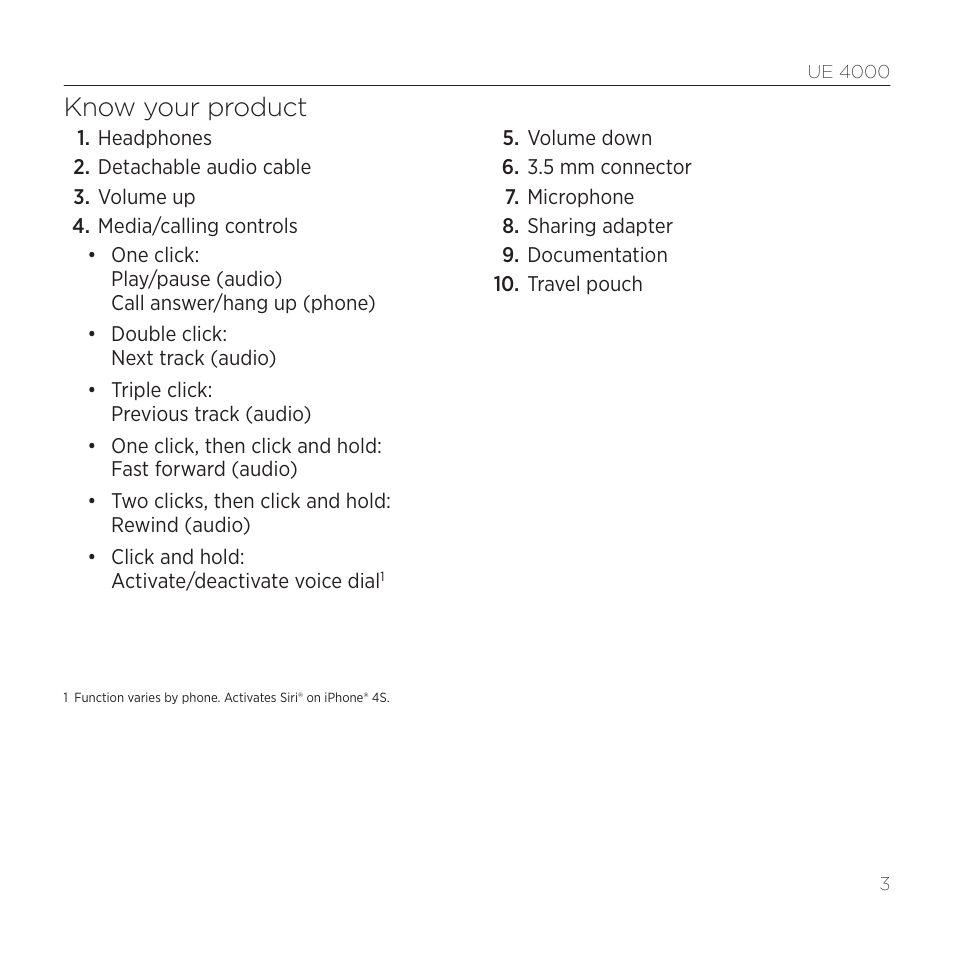 Know your product | Logitech UE 4000 User Manual | Page 3 / 8