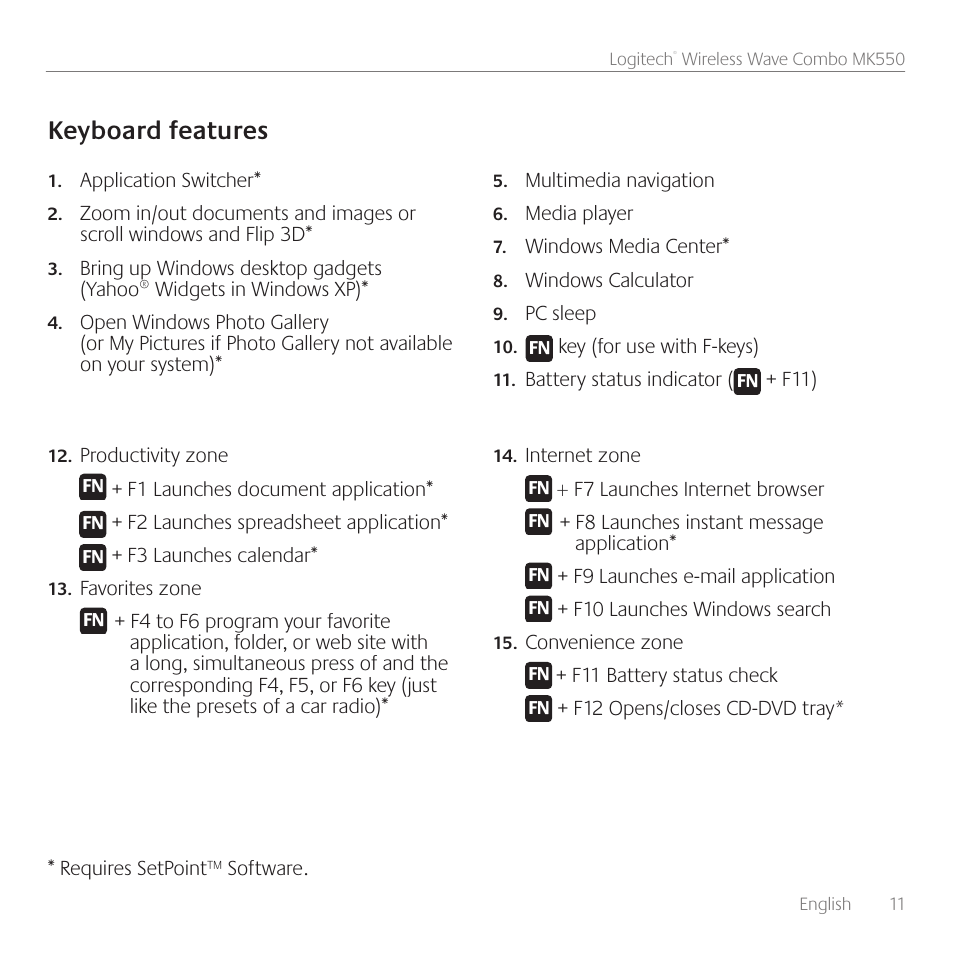 Keyboard features | Logitech Wireless Wave Combo MK550 User Manual | Page 11 / 52