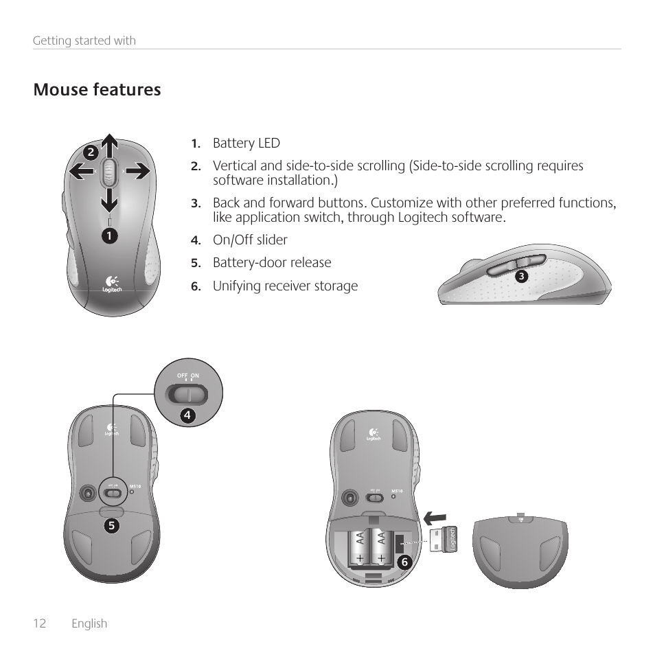 Mouse features | Logitech Wireless Wave Combo MK550 User Manual | Page 12 / 52