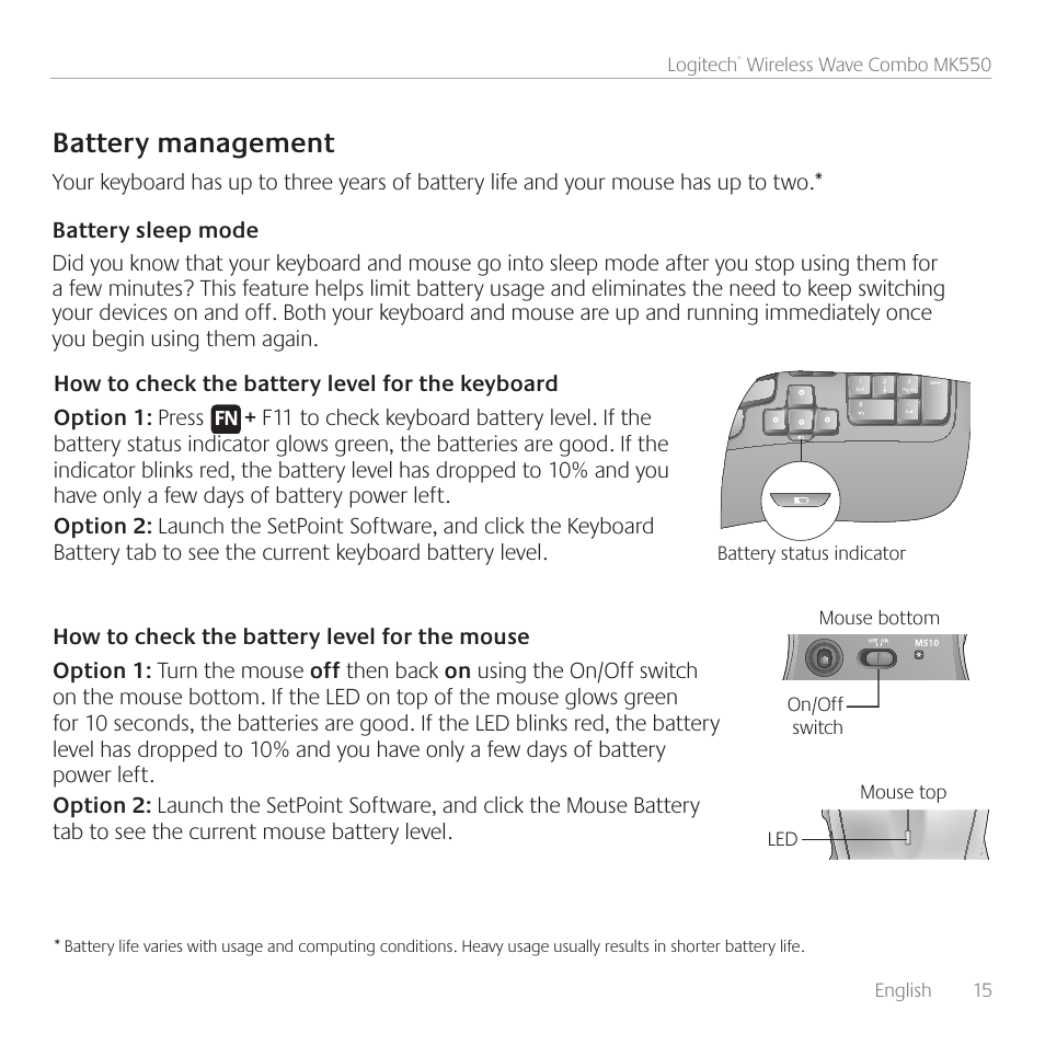 Battery management | Logitech Wireless Wave Combo MK550 User Manual | Page 15 / 52