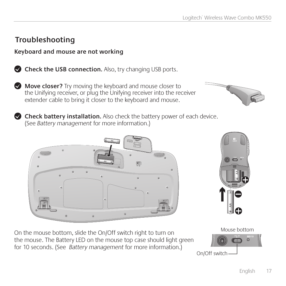 Troubleshooting | Logitech Wireless Wave Combo MK550 User Manual | Page 17 / 52