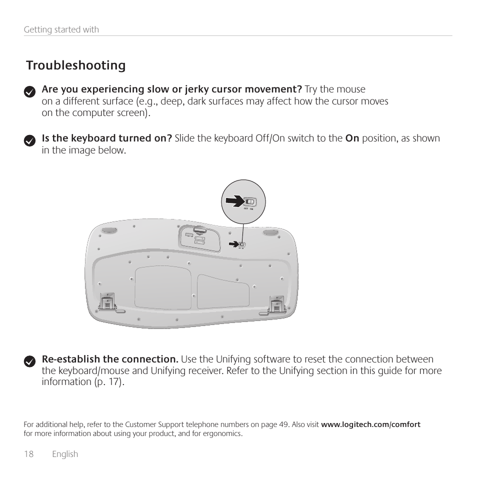 Troubleshooting | Logitech Wireless Wave Combo MK550 User Manual | Page 18 / 52