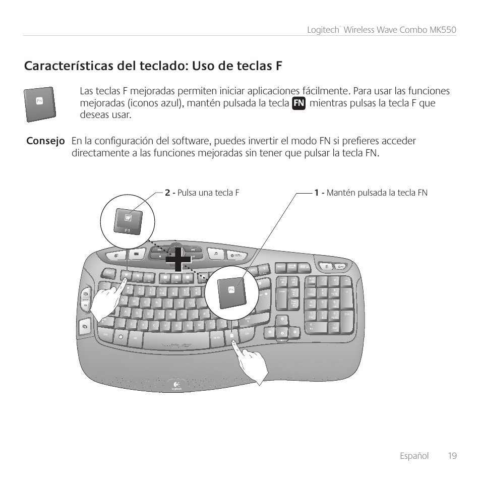 Características del teclado: uso de teclas f | Logitech Wireless Wave Combo MK550 User Manual | Page 19 / 52
