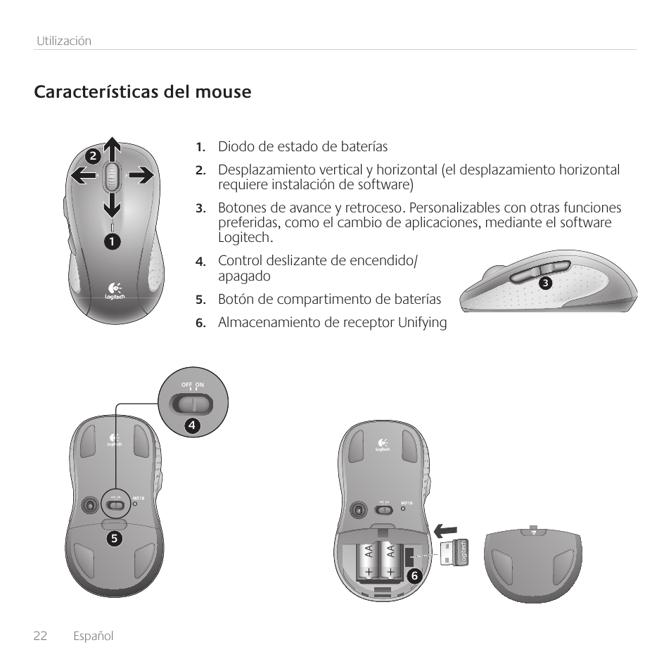 Características del mouse | Logitech Wireless Wave Combo MK550 User Manual | Page 22 / 52