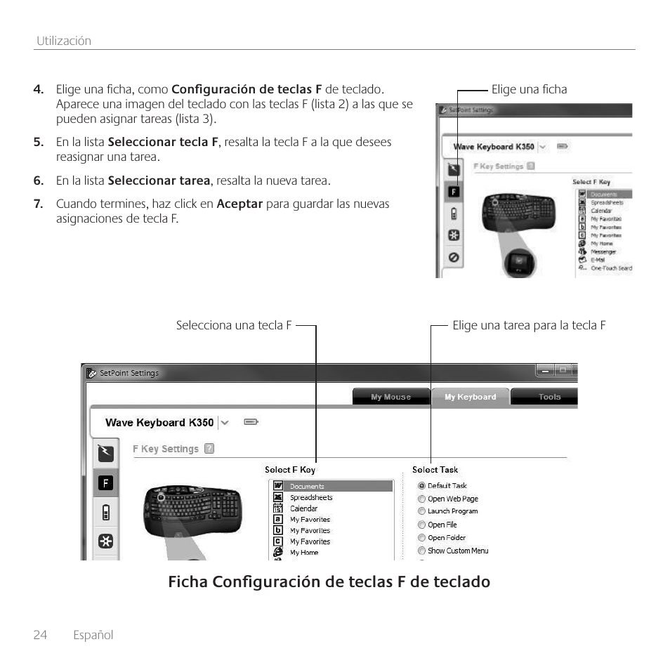 Ficha configuración de teclas f de teclado | Logitech Wireless Wave Combo MK550 User Manual | Page 24 / 52