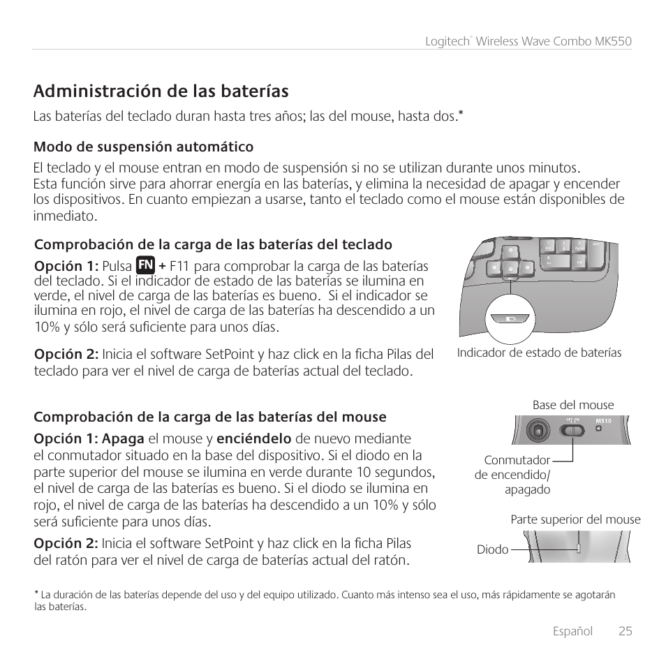 Administración de las baterías | Logitech Wireless Wave Combo MK550 User Manual | Page 25 / 52