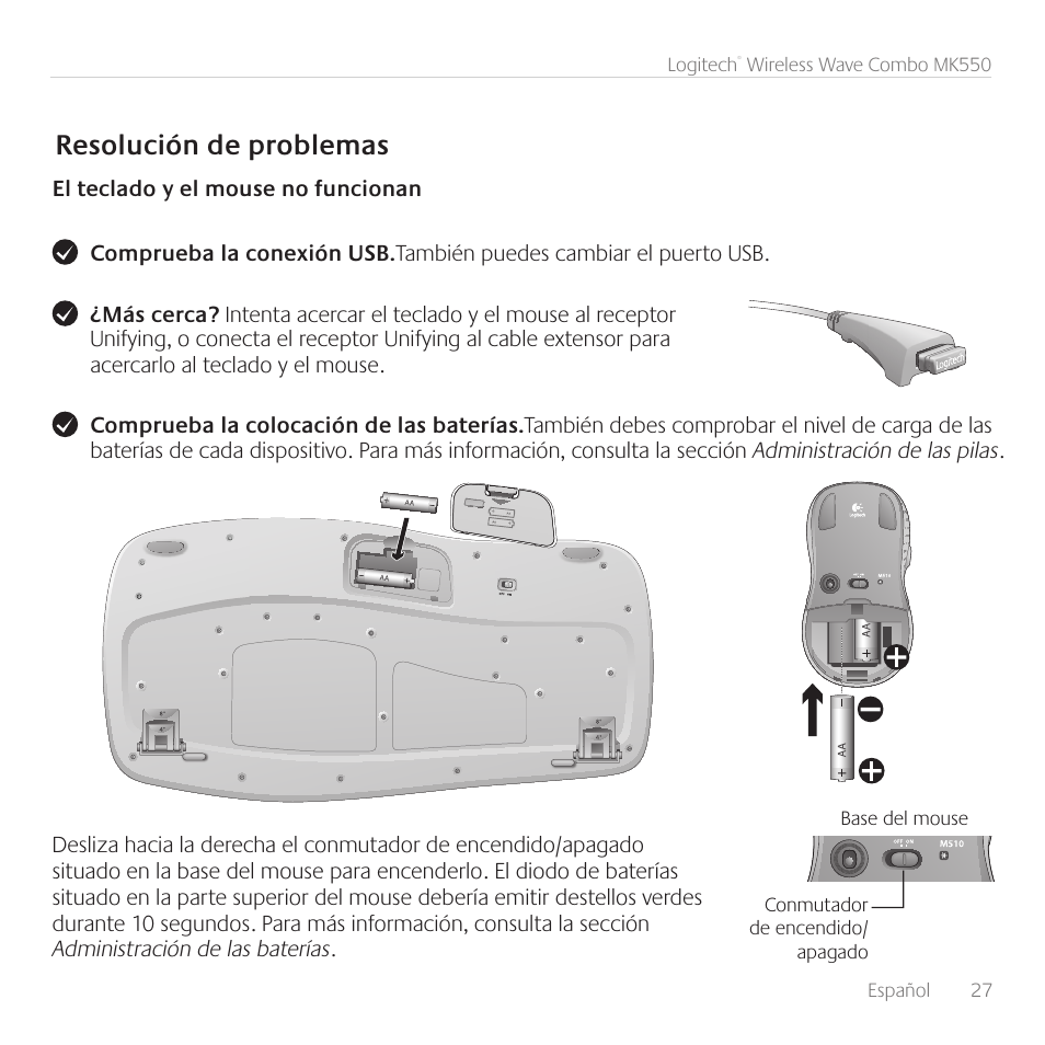 Resolución de problemas | Logitech Wireless Wave Combo MK550 User Manual | Page 27 / 52