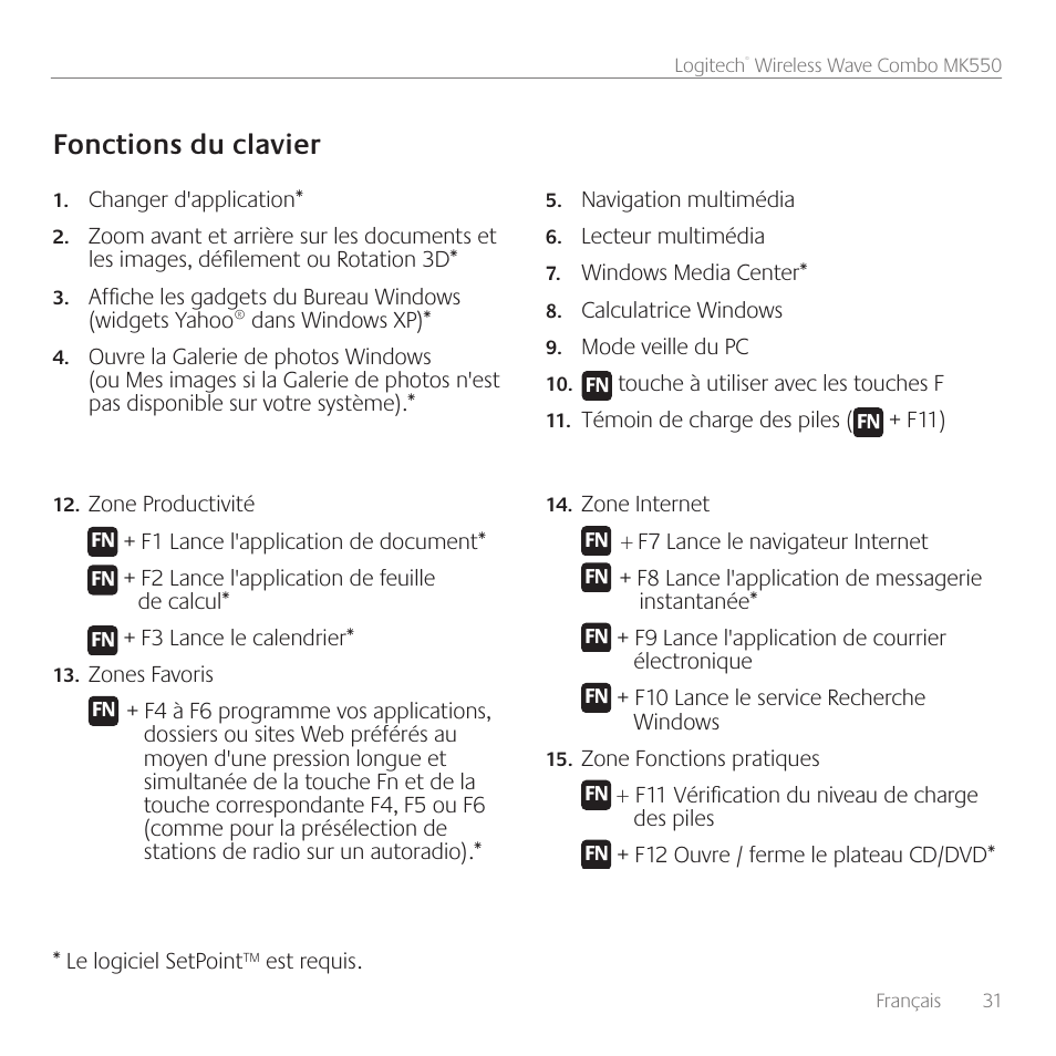 Fonctions du clavier | Logitech Wireless Wave Combo MK550 User Manual | Page 31 / 52