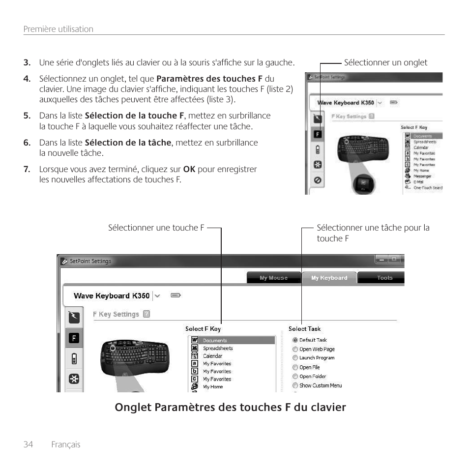 Onglet paramètres des touches f du clavier | Logitech Wireless Wave Combo MK550 User Manual | Page 34 / 52