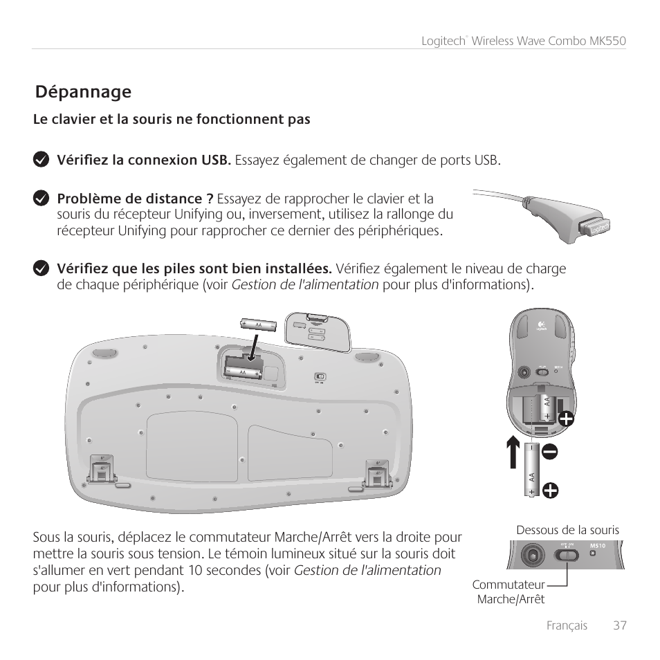 Dépannage | Logitech Wireless Wave Combo MK550 User Manual | Page 37 / 52