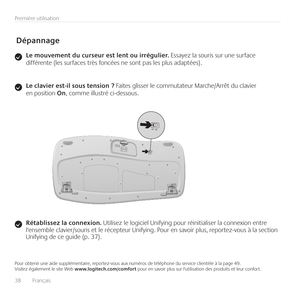 Dépannage | Logitech Wireless Wave Combo MK550 User Manual | Page 38 / 52