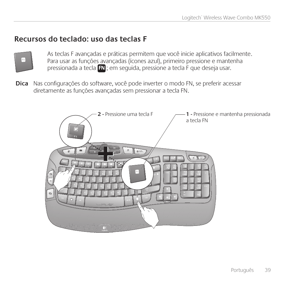 Recursos do teclado: uso das teclas f | Logitech Wireless Wave Combo MK550 User Manual | Page 39 / 52