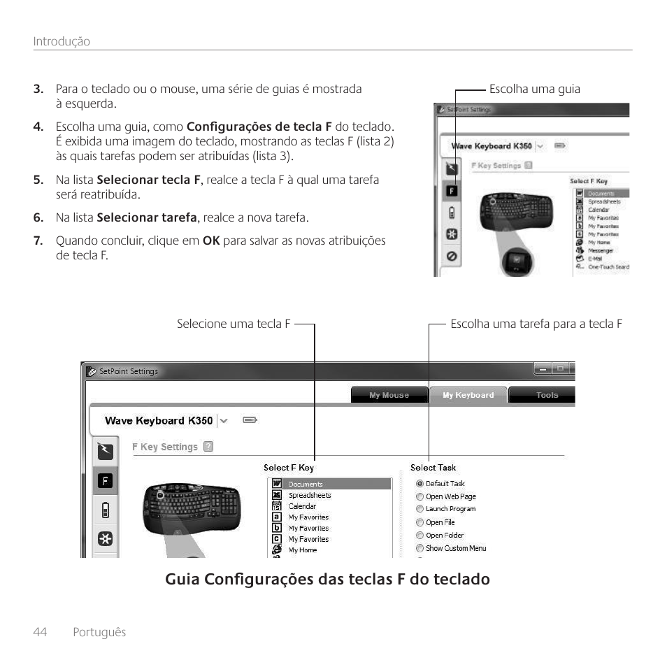 Guia configurações das teclas f do teclado | Logitech Wireless Wave Combo MK550 User Manual | Page 44 / 52