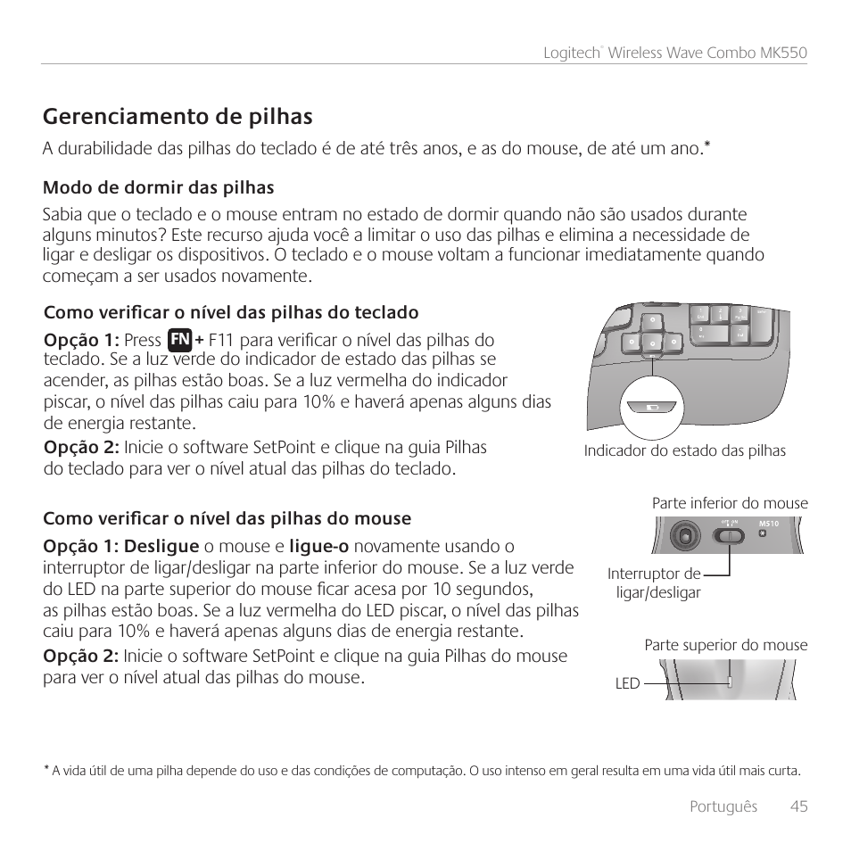 Gerenciamento de pilhas | Logitech Wireless Wave Combo MK550 User Manual | Page 45 / 52