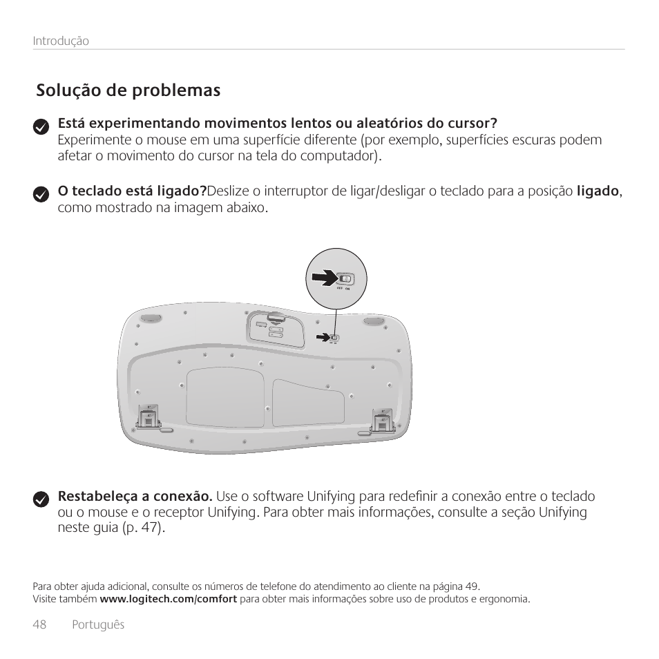 Solução de problemas | Logitech Wireless Wave Combo MK550 User Manual | Page 48 / 52