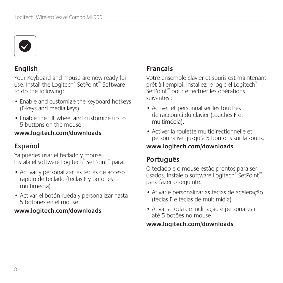 Logitech Wireless Wave Combo MK550 User Manual | Page 8 / 52
