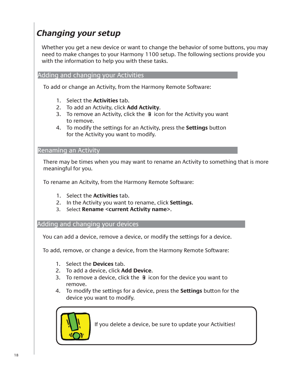 Changing your setup | Logitech Harmony 1100 User Manual | Page 18 / 48