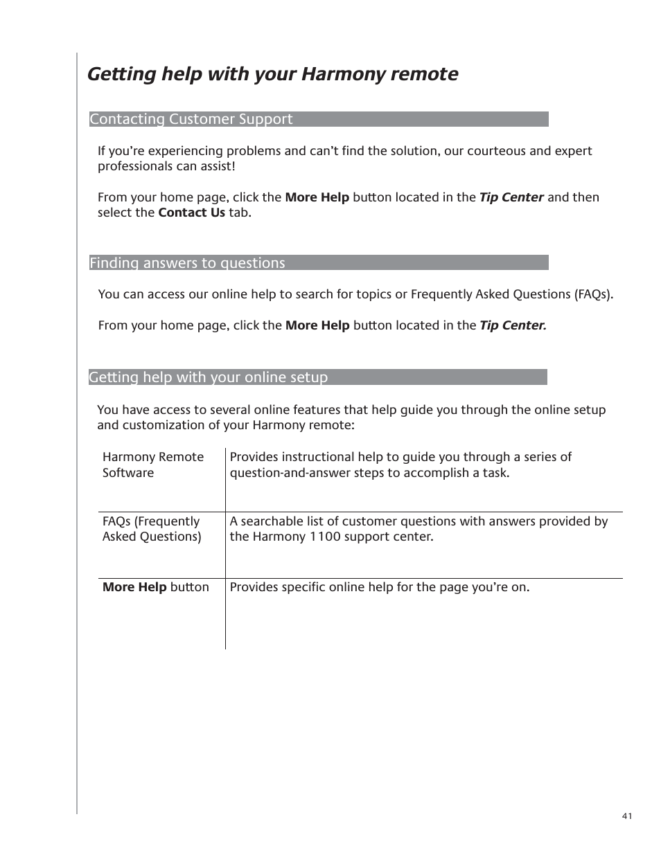 Getting help with your harmony remote | Logitech Harmony 1100 User Manual | Page 41 / 48