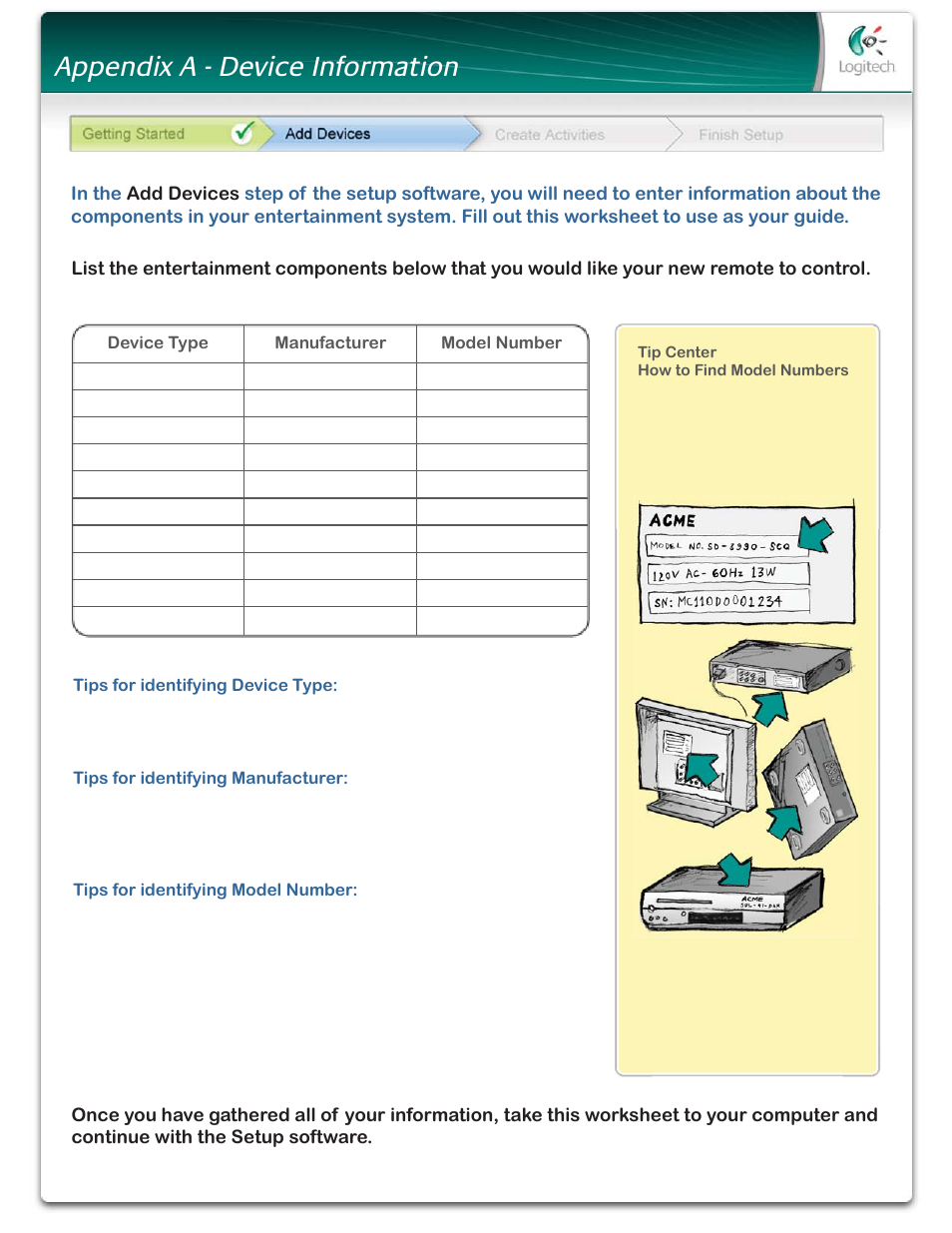 Appendix a - device information | Logitech Harmony 1100 User Manual | Page 43 / 48