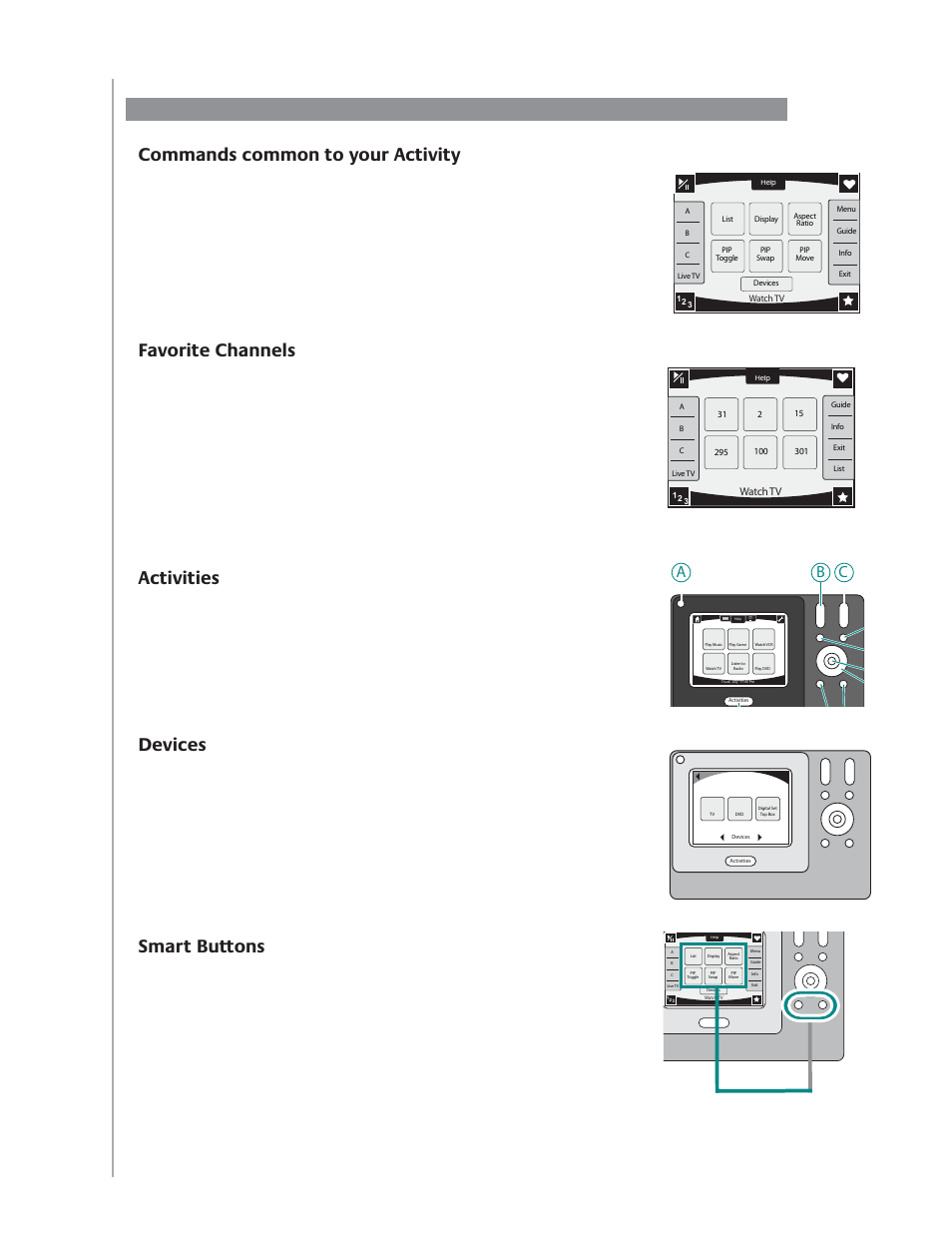 What’s on the harmony 1100 screen, Activities, Smart buttons | Ab c | Logitech Harmony 1100 User Manual | Page 8 / 48