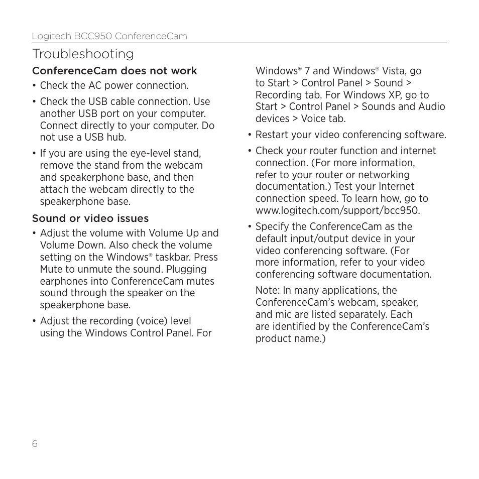 Troubleshooting | Logitech Bcc950 User Manual | Page 6 / 8