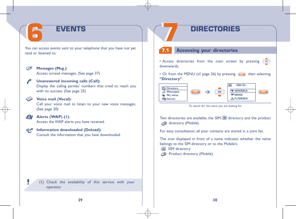 Directories, Events | Alcatel OT331 User Manual | Page 16 / 48