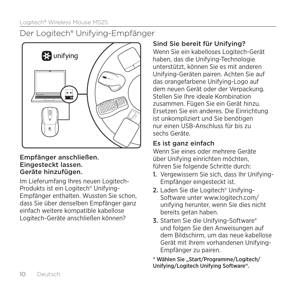 Der logitech® unifying-empfänger | Logitech M525 User Manual | Page 10 / 64