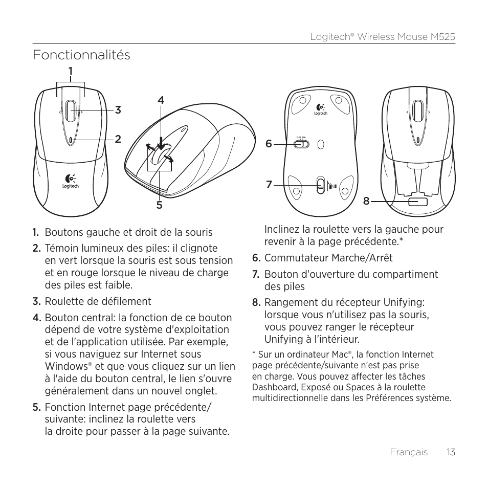 Fonctionnalités | Logitech M525 User Manual | Page 13 / 64