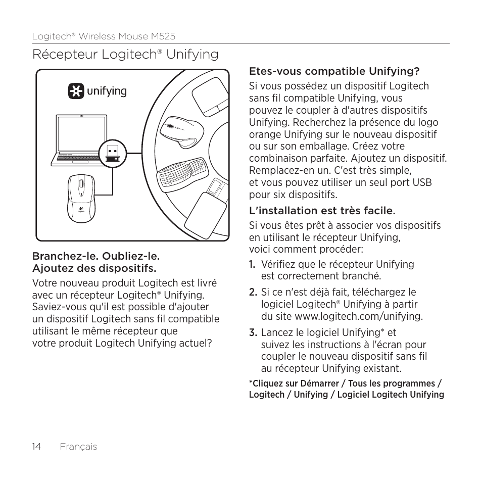 Récepteur logitech® unifying | Logitech M525 User Manual | Page 14 / 64
