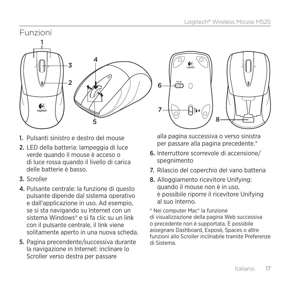 Funzioni | Logitech M525 User Manual | Page 17 / 64