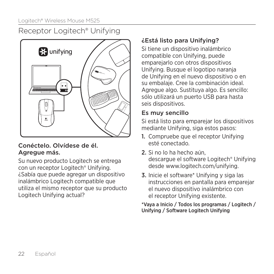 Receptor logitech® unifying | Logitech M525 User Manual | Page 22 / 64