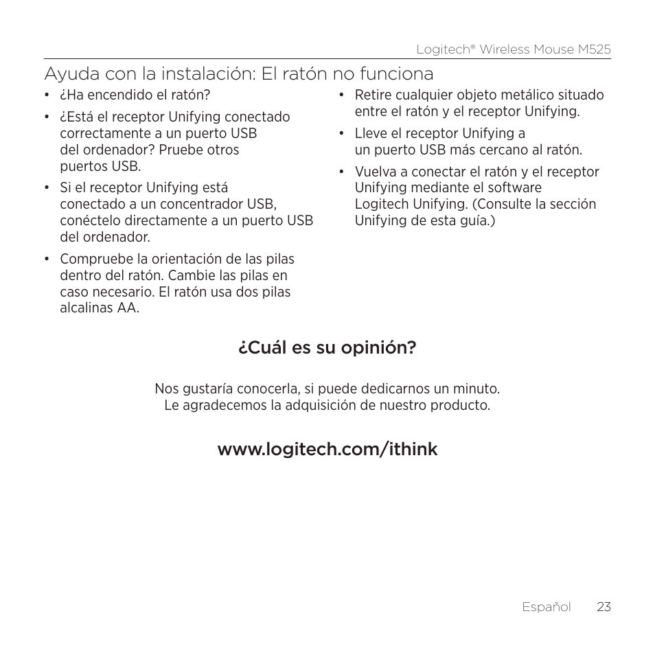 Ayuda con la instalación: el ratón no funciona, Cuál es su opinión | Logitech M525 User Manual | Page 23 / 64