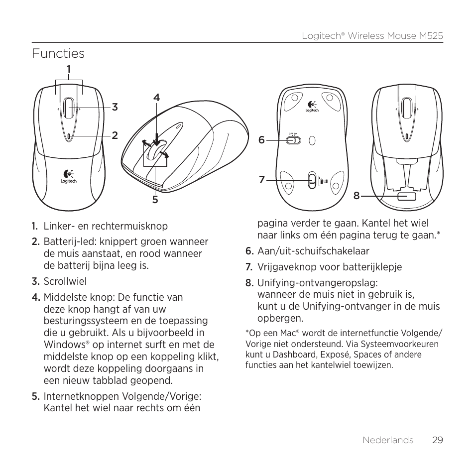 Functies | Logitech M525 User Manual | Page 29 / 64