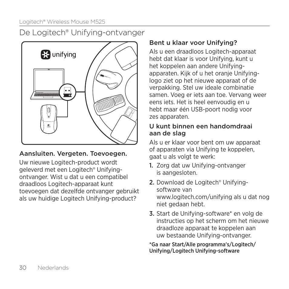 De logitech® unifying-ontvanger | Logitech M525 User Manual | Page 30 / 64