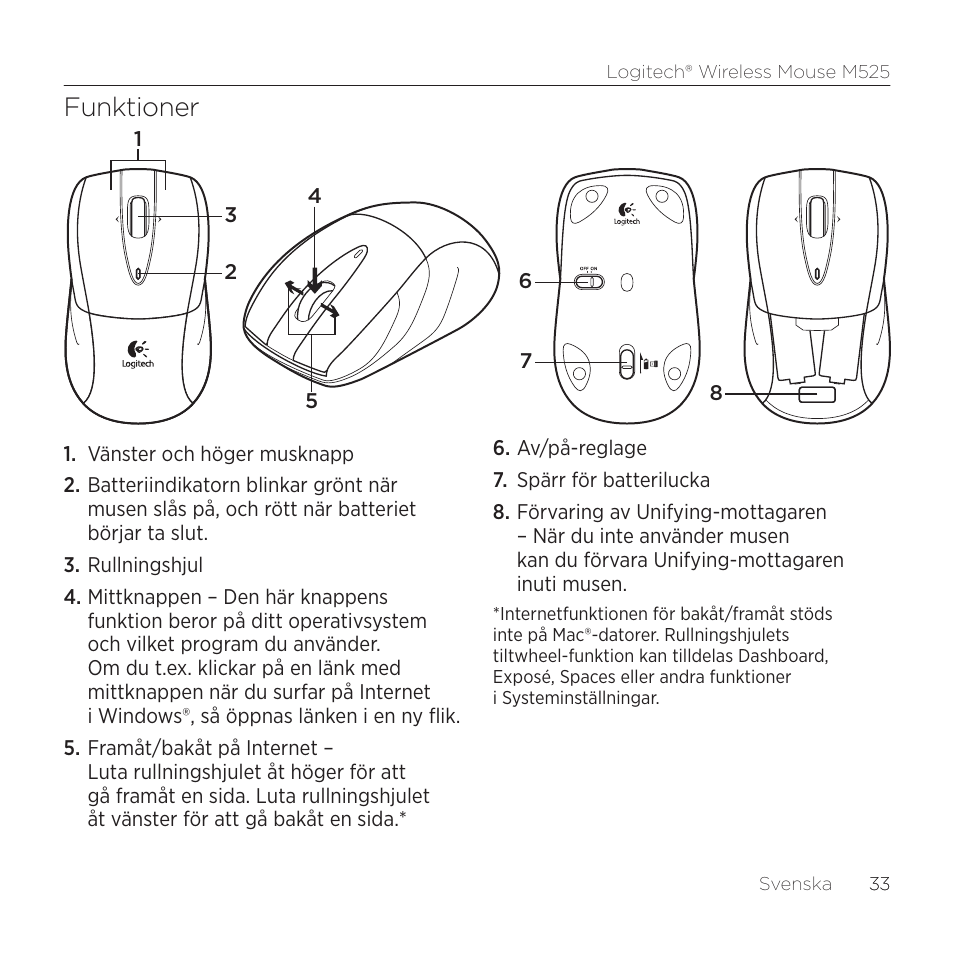 Funktioner | Logitech M525 User Manual | Page 33 / 64