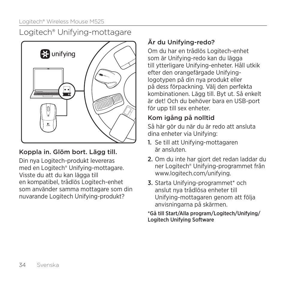 Logitech® unifying-mottagare | Logitech M525 User Manual | Page 34 / 64