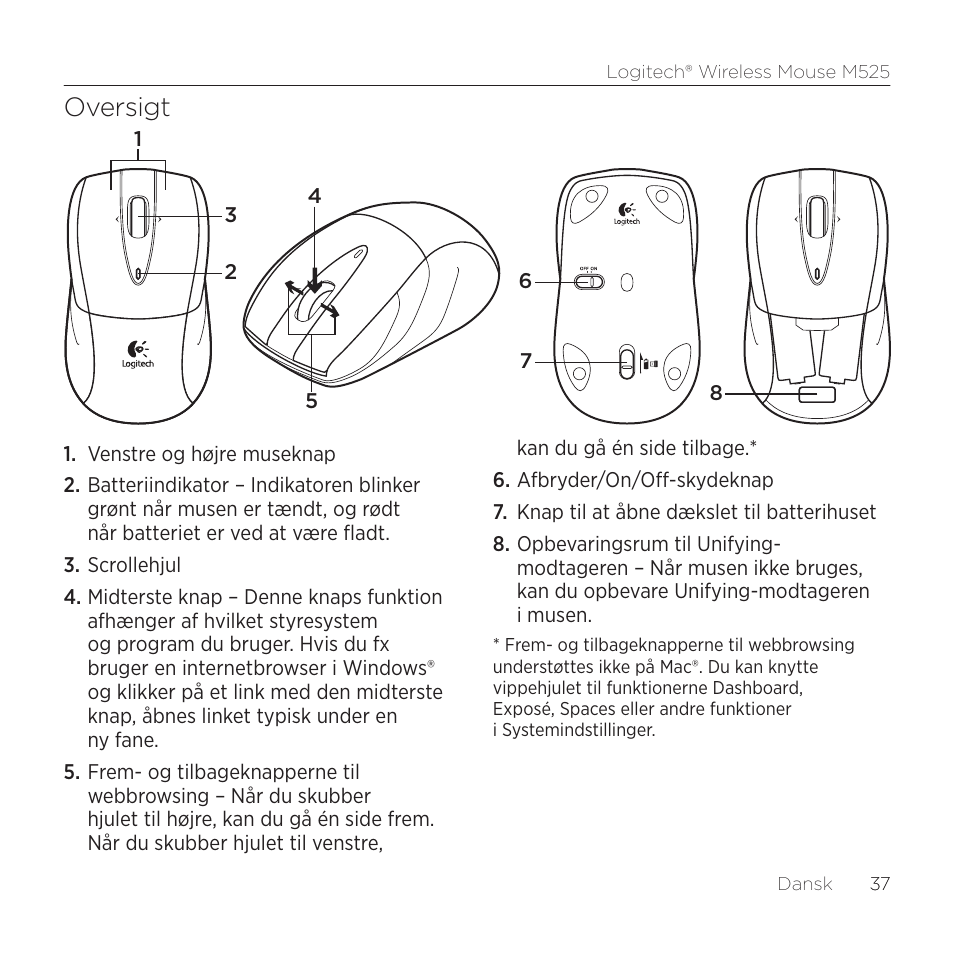 Oversigt | Logitech M525 User Manual | Page 37 / 64