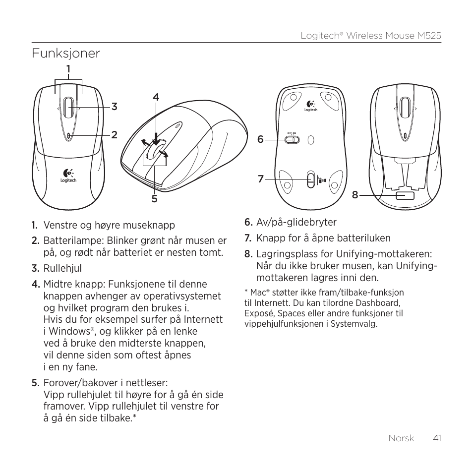 Funksjoner | Logitech M525 User Manual | Page 41 / 64