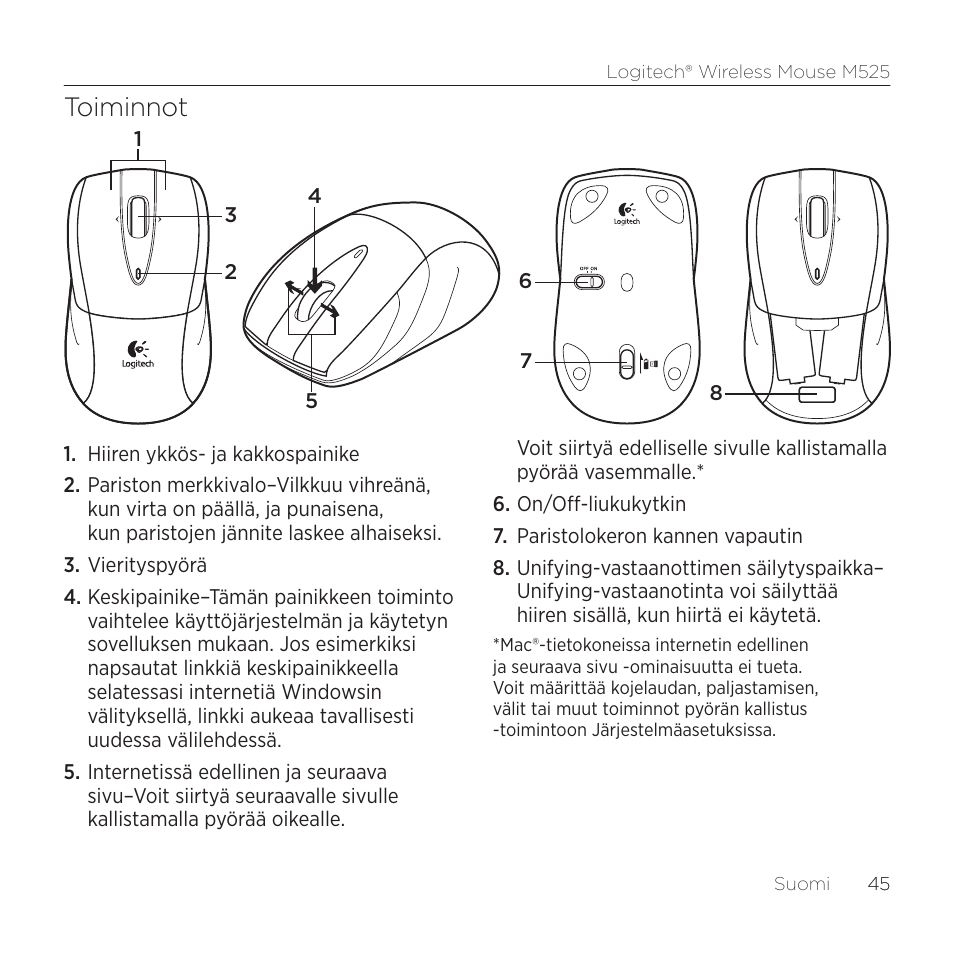 Toiminnot | Logitech M525 User Manual | Page 45 / 64