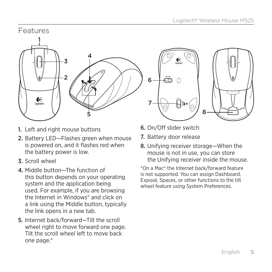 Features | Logitech M525 User Manual | Page 5 / 64