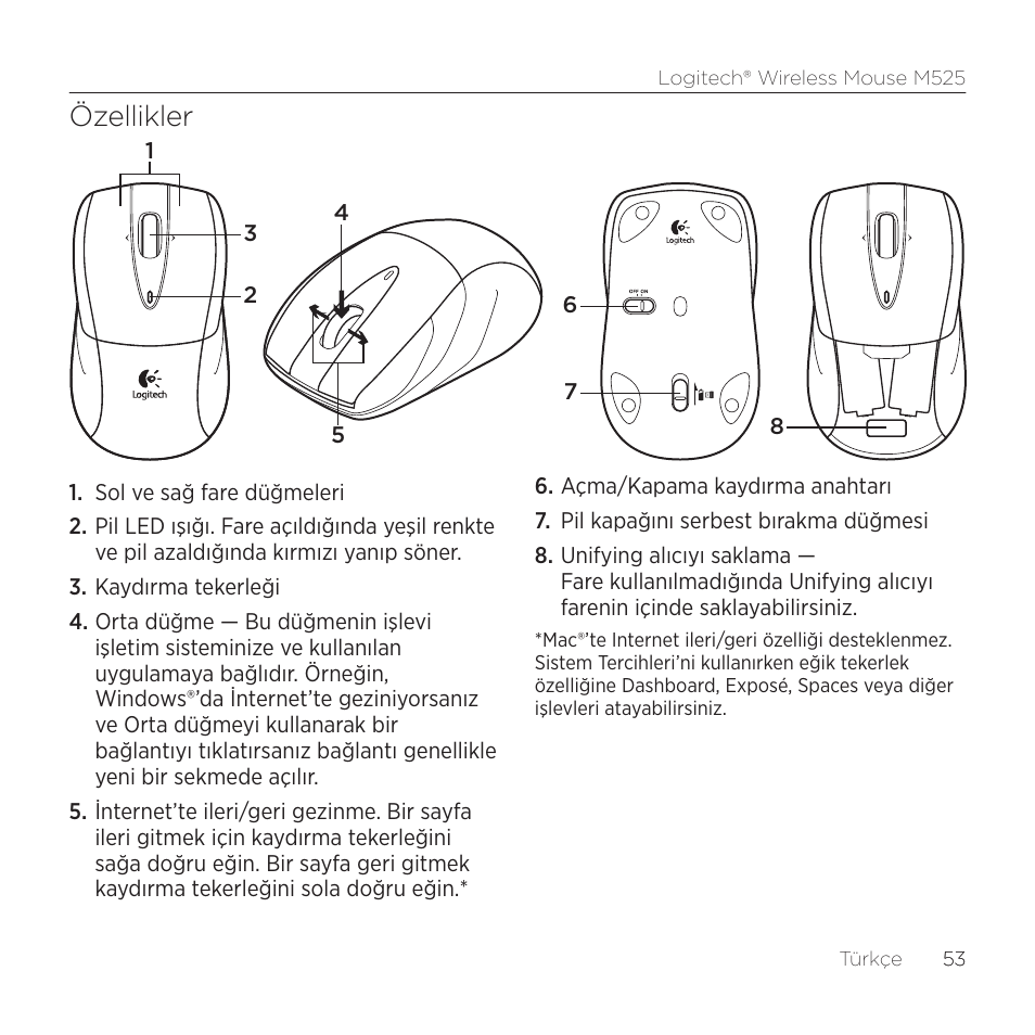 Özellikler | Logitech M525 User Manual | Page 53 / 64