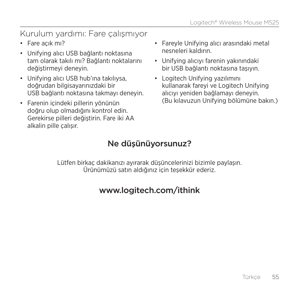 Kurulum yardımı: fare çalışmıyor, Ne düşünüyorsunuz | Logitech M525 User Manual | Page 55 / 64