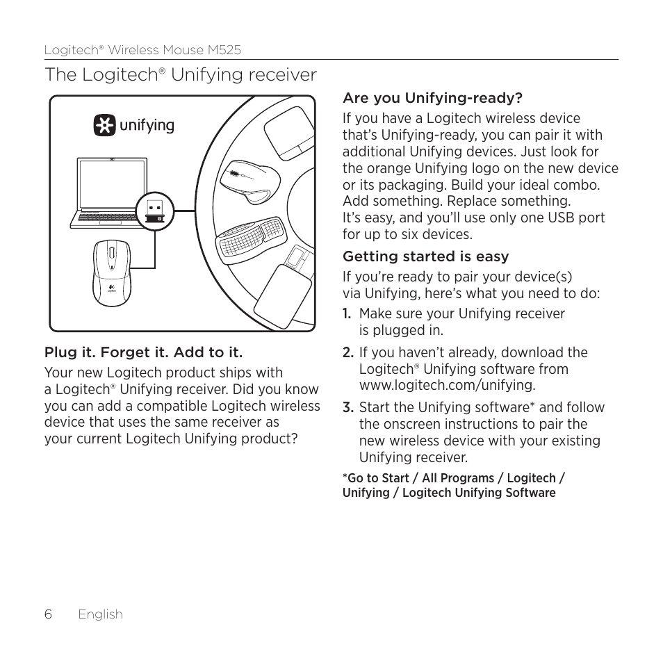 The logitech® unifying receiver | Logitech M525 User Manual | Page 6 / 64