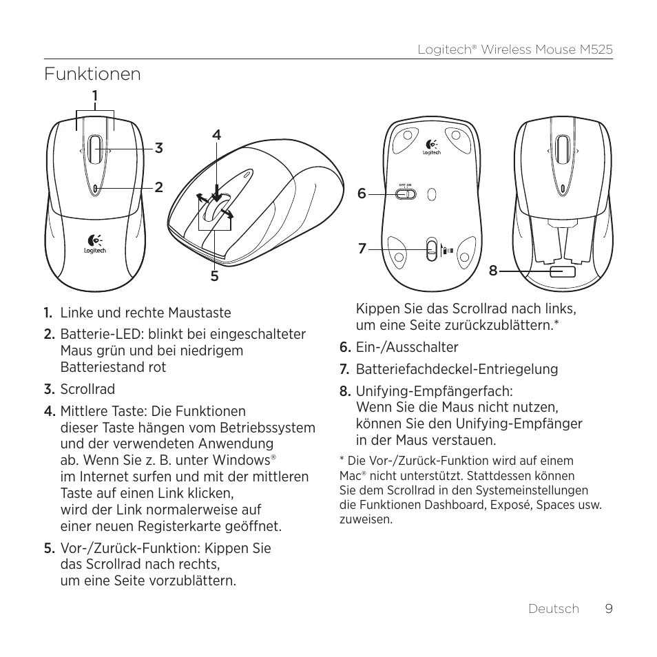 Funktionen | Logitech M525 User Manual | Page 9 / 64