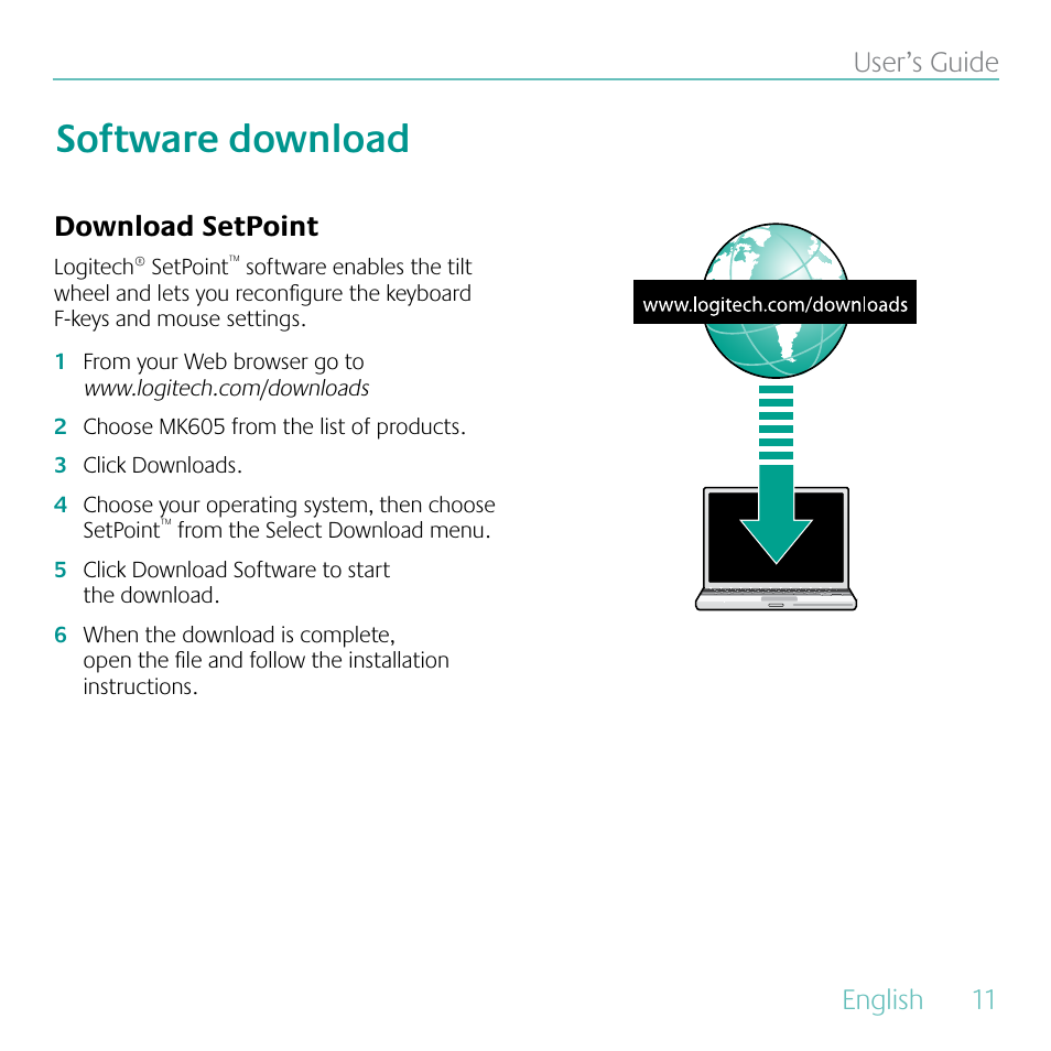 Software download, English, 11 user’s guide | Download setpoint | Logitech MK605 User Manual | Page 11 / 64