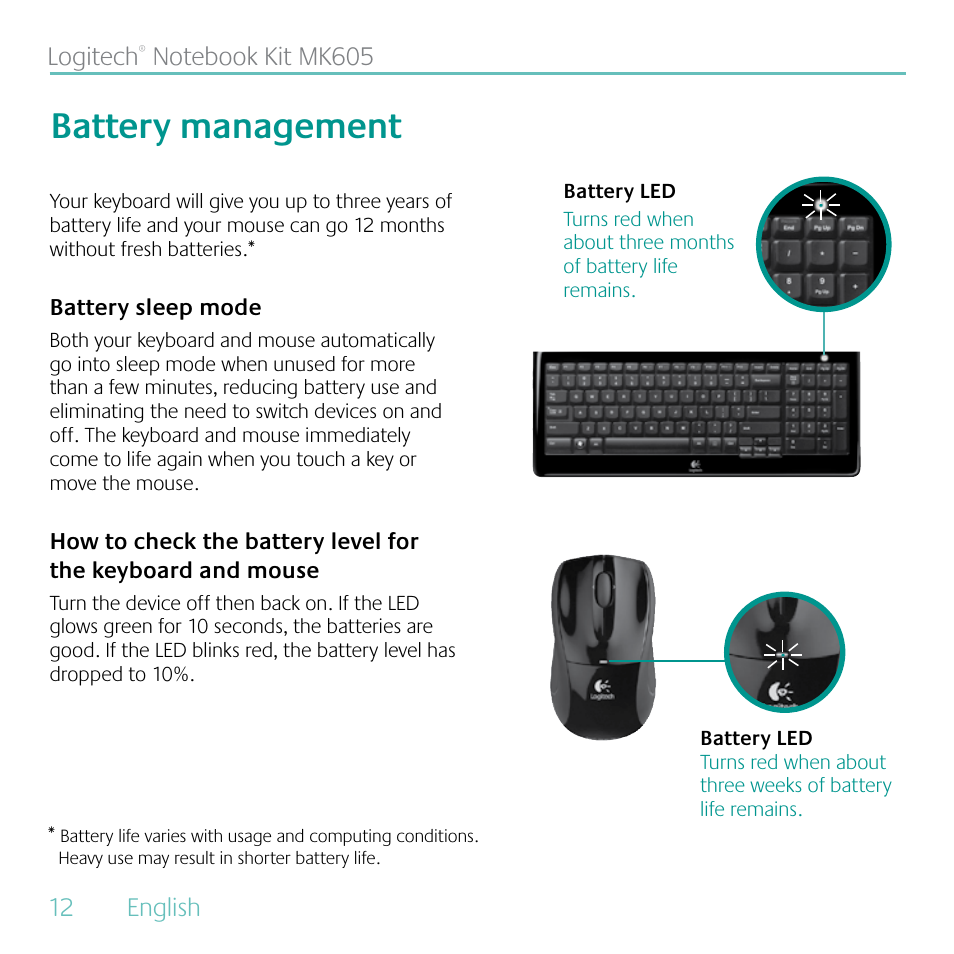 Battery management | Logitech MK605 User Manual | Page 12 / 64