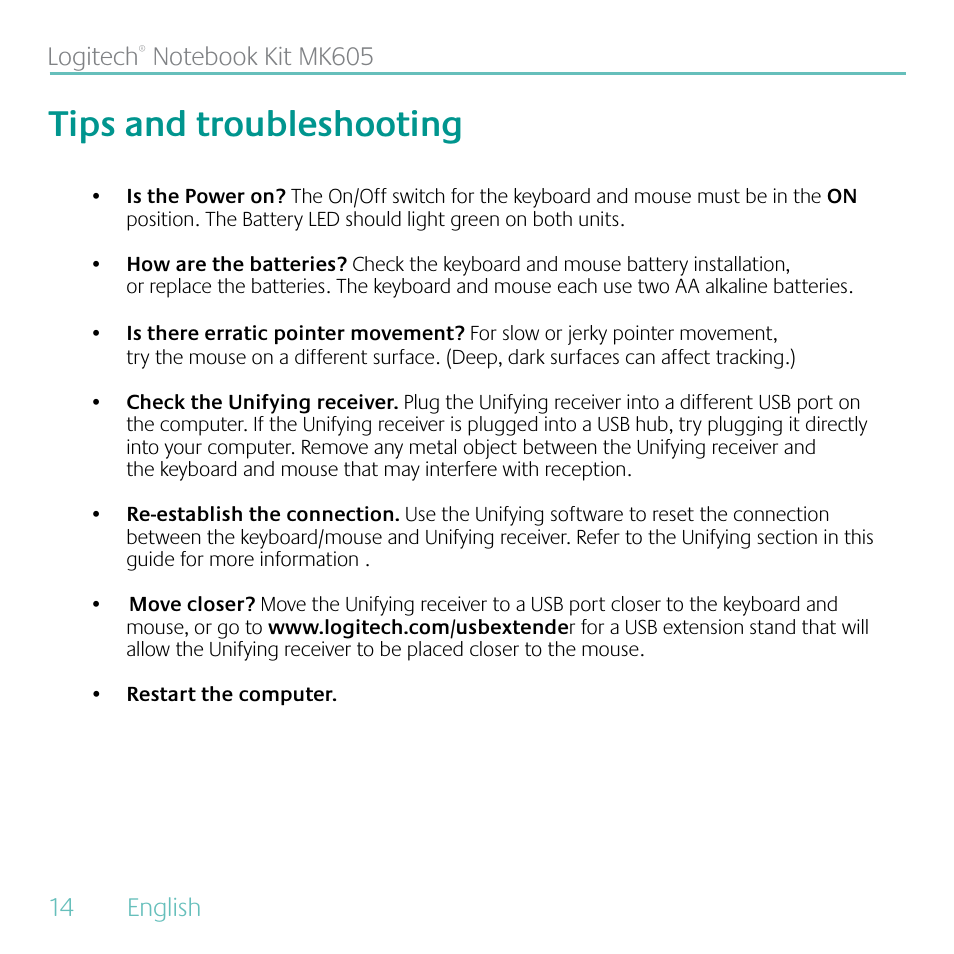 Tips and troubleshooting, 14 english logitech | Logitech MK605 User Manual | Page 14 / 64